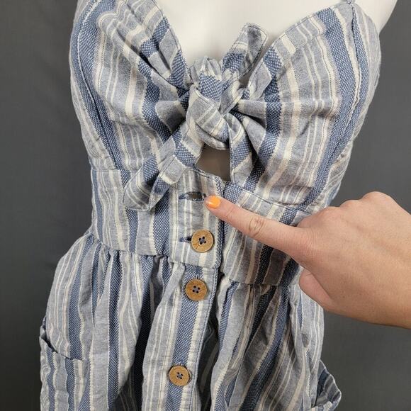 Roxy Striped Mini Dress M Tie Front Pockets Wood Buttons Coastal Chic - Picture 5 of 8